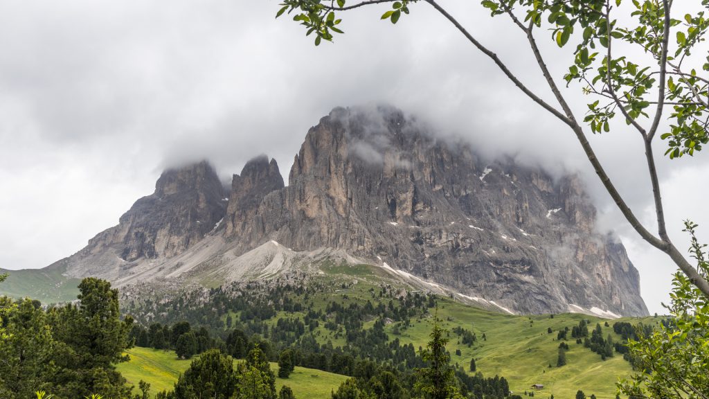 Sassolongo Front view from Sella Pass. Majestic Dolomites