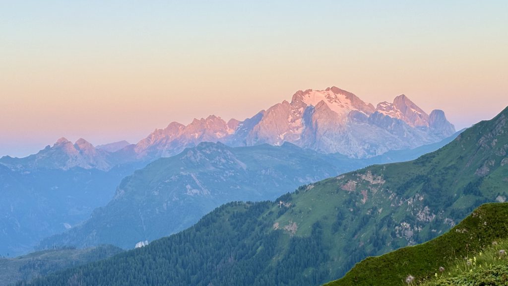 Marmolada glacier view from Gaiu Pass. Majestic Dolomites