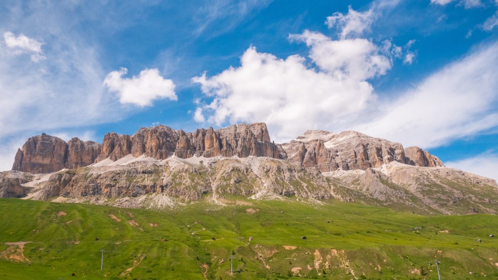 Sella group of mountians view from Pordoi pass. Majestic Dolomites